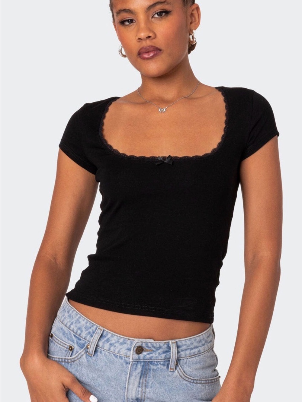 Edikted Black Scoop Neck Lace-Trim Short Sleeve Top